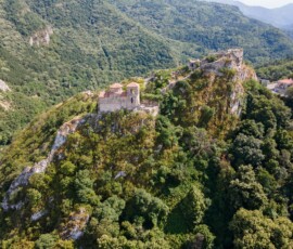 Aerial view of ruins of Medieval Asen's Fortress, Asenovgrad, Plovdiv Region, Bulgaria